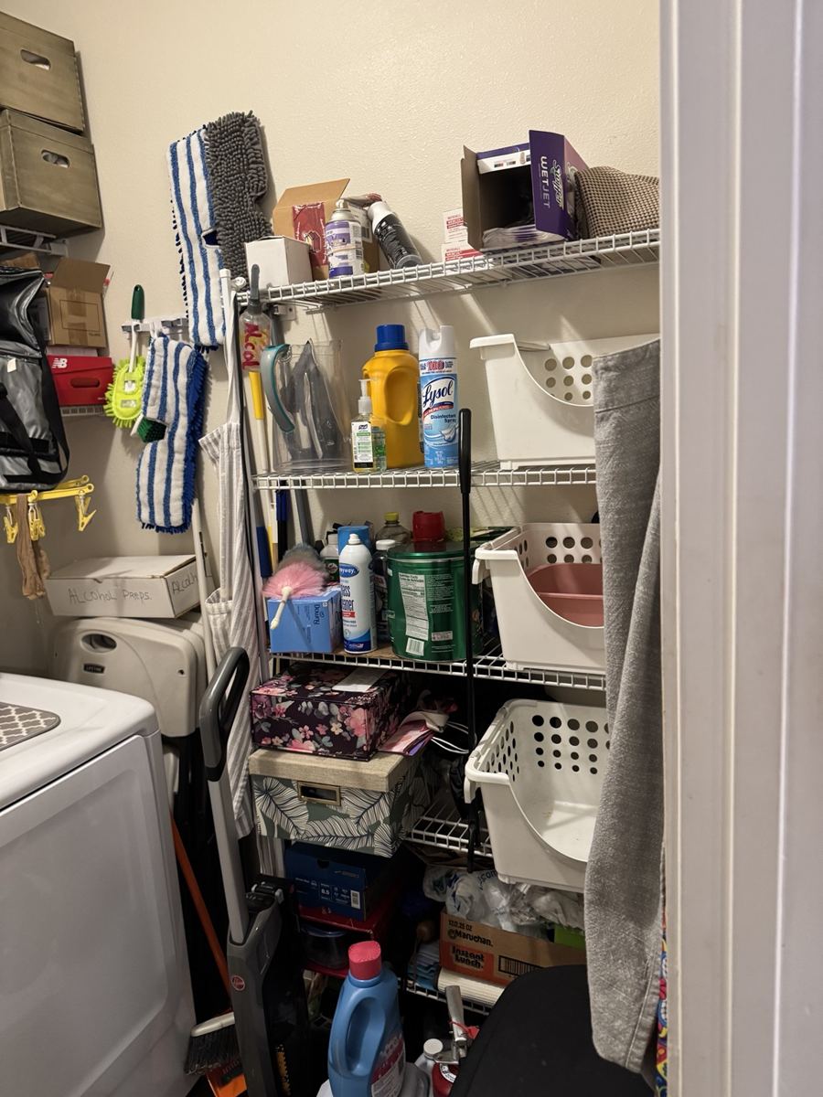 Cleaning supplies and storage shelving contents.